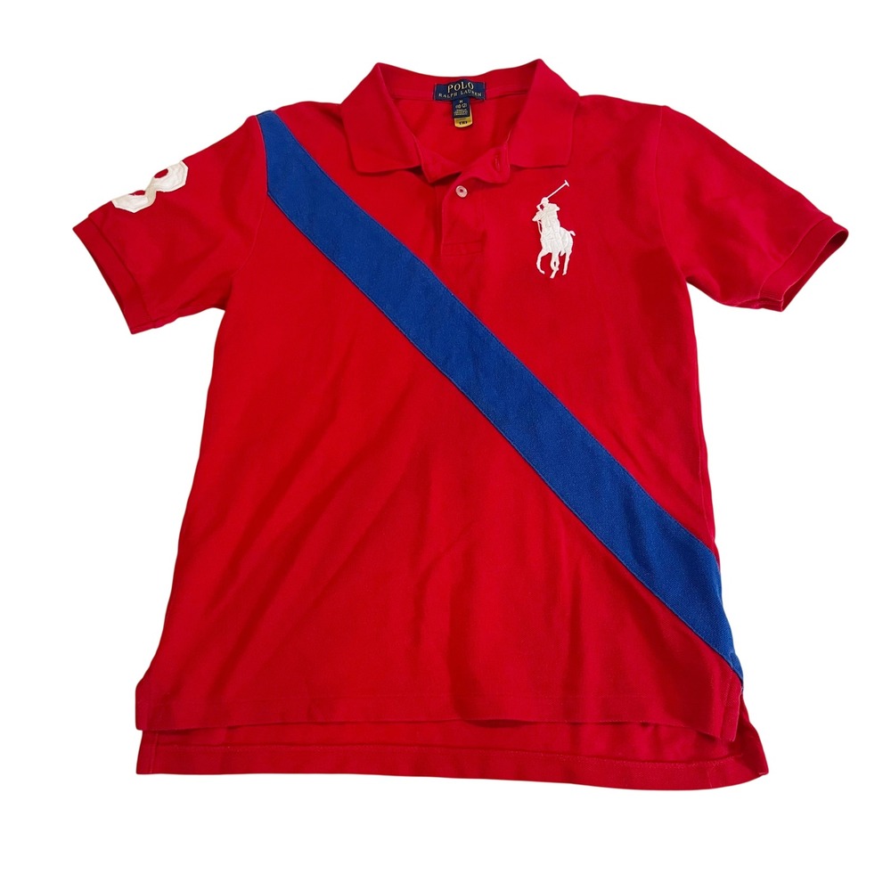 Polo Ralph Lauren Boys Red Blue Sash Big Pony Polo Shirt Rugby Size Medium